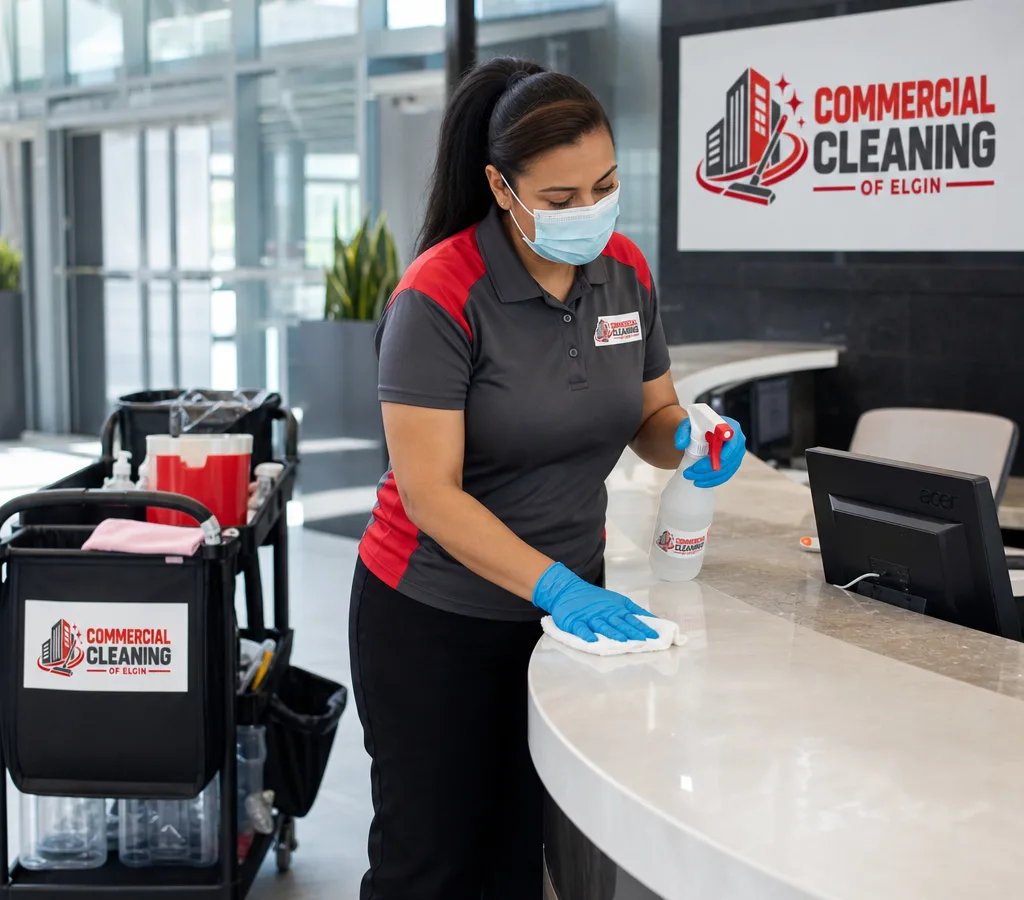 Professional cleaner sanitizing a commercial lobby check-in counter with a supplies cart and protective equipment