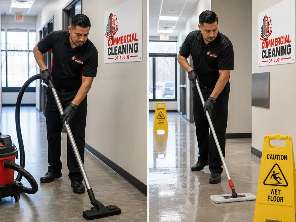 Cleaner vacuuming and damp-mopping a commercial hallway with safety signage