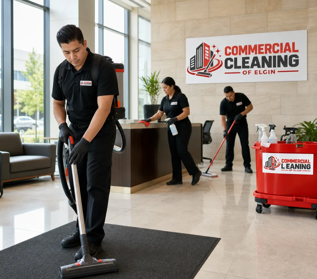 Commercial Cleaning of Elgin crew cleaning and disinfecting a professional office lobby