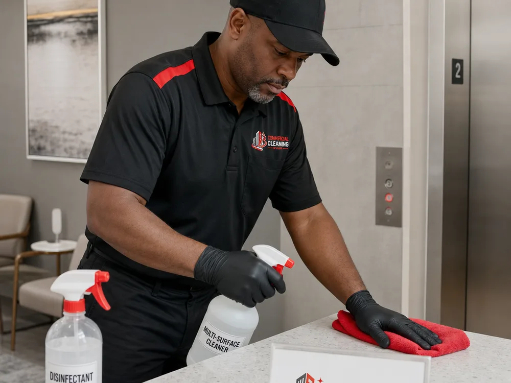 Cleaner disinfecting high-touch points in a commercial building
