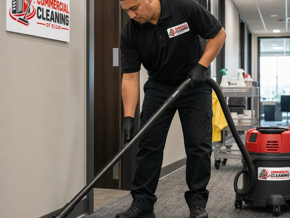 Janitorial technician vacuuming baseboards and corners in a commercial office hallway
