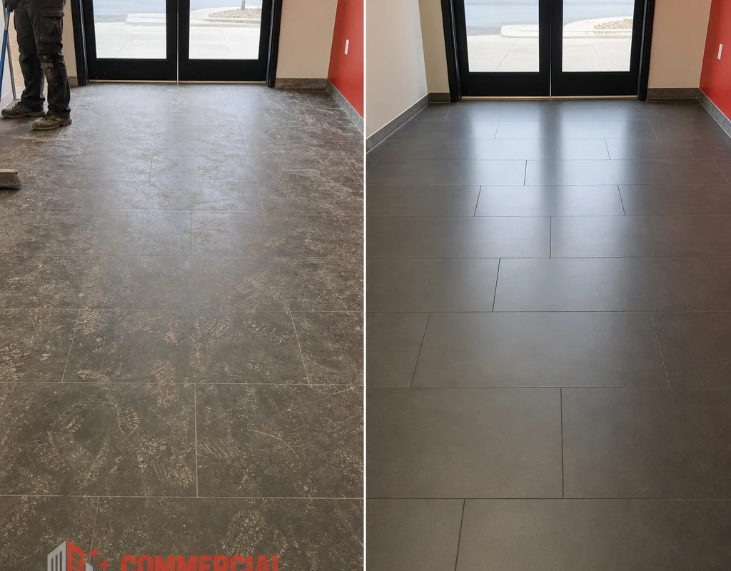 Before and after comparison of a commercial office entry floor with construction grit removed