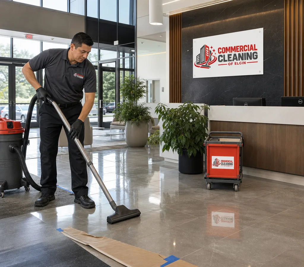 Technician removing construction dust from a newly built commercial office lobby