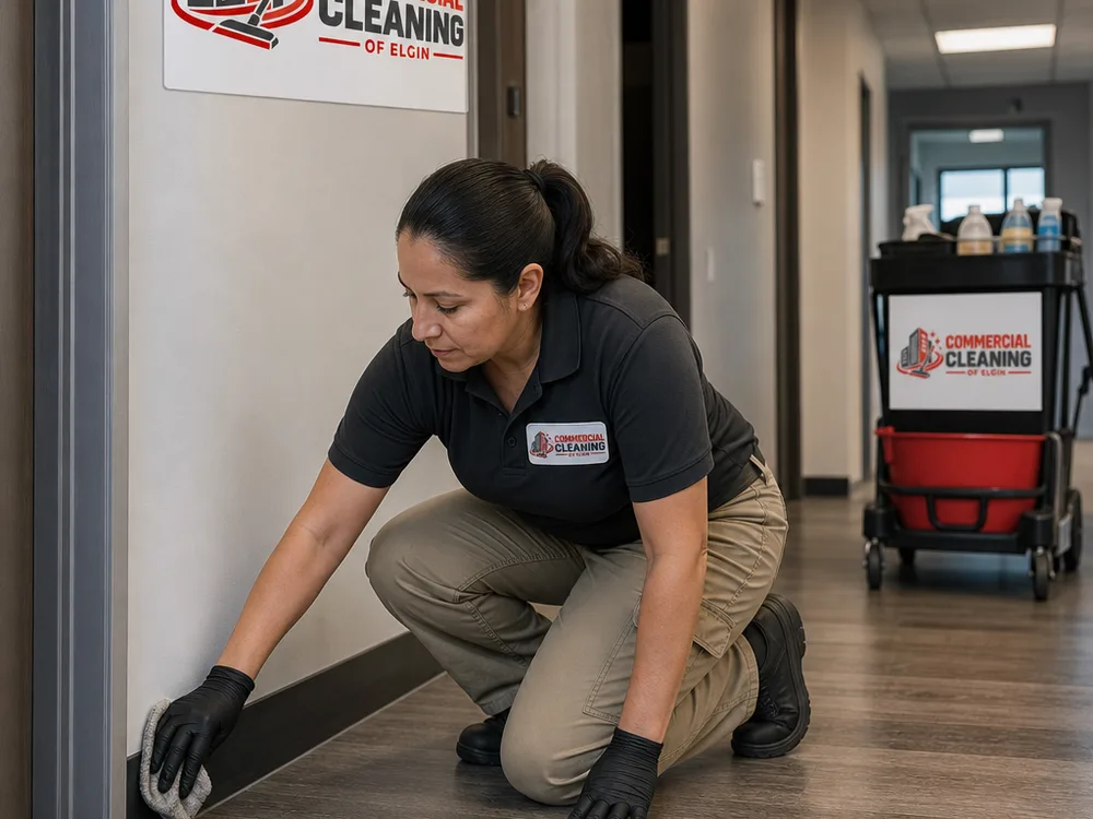 Cleaner detailing dusty baseboards and door frames in a renovated office corridor