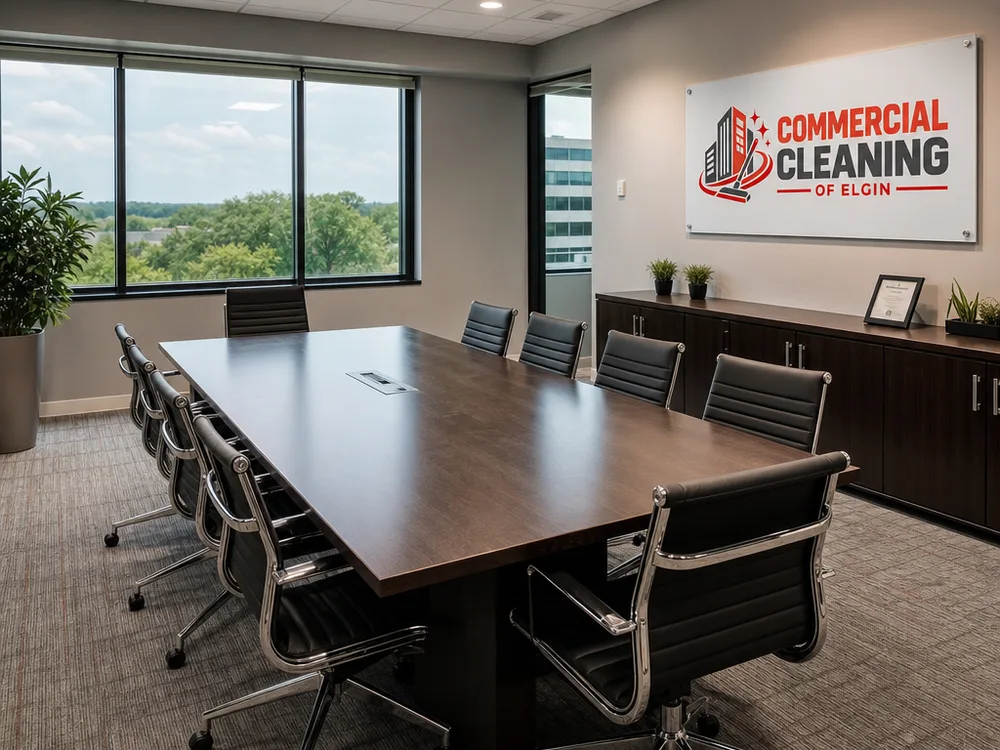 Finished conference room with clean baseboards, spotless glass, and uniform floors